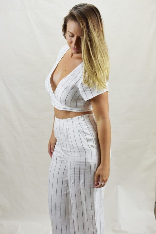 Wrap Linen Top in White Pinstripe with White Linen Pants