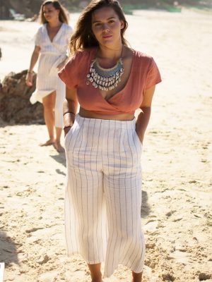 Love My Culottes Linen Pants in Off White with Cocoa Pinstripe
