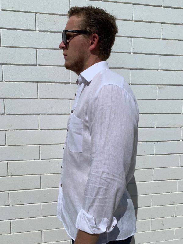 Long Sleeve Mens Linen Shirt in White - Image 2