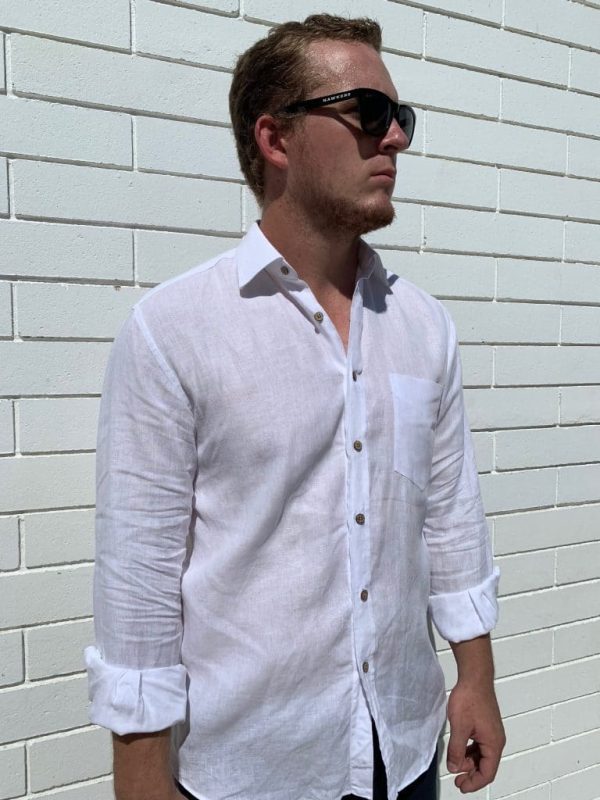 Long Sleeve Mens Linen Shirt in White