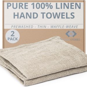 Pure 100% Linen Hand Towels - Set of 2 Linen Kitchen Towels Waffle Weave